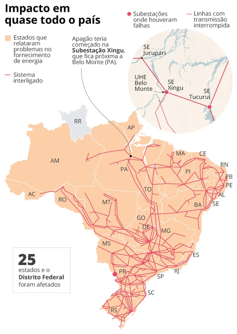 Mapa mostra impacto no país de apagão nacional — Foto: Editoria de arte