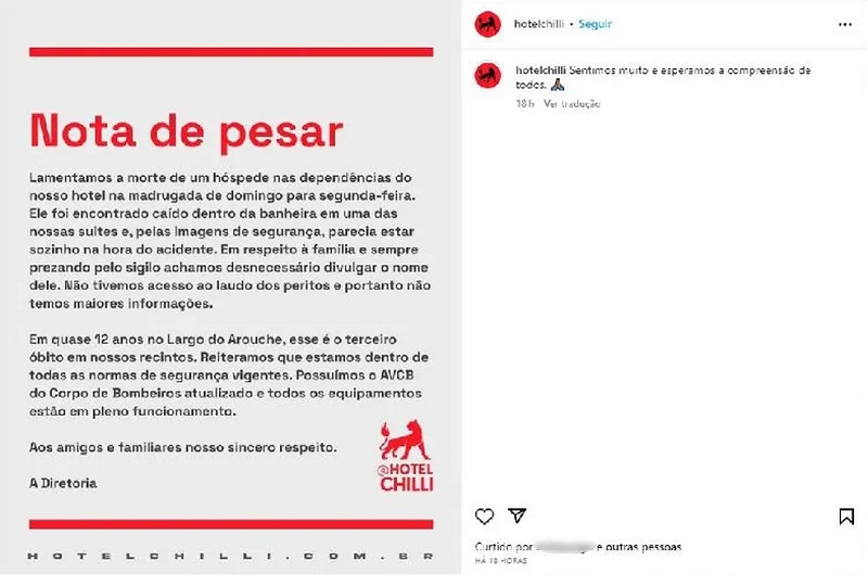 Hotel Chilli divulgou nota no seu Instagram para lamentar morte de hóspede Luiz Carlos Pereira de Lima — Foto: Reprodução/Instagram