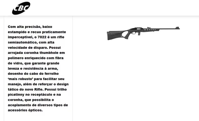 Rifle 7022, da Companhia Brasileira de Cartuchos, passa a constar na lista de equipamentos de uso restrito, conforme portaria do Exército e da PF de novembro de 2023 Foto: Reprodução/CBC