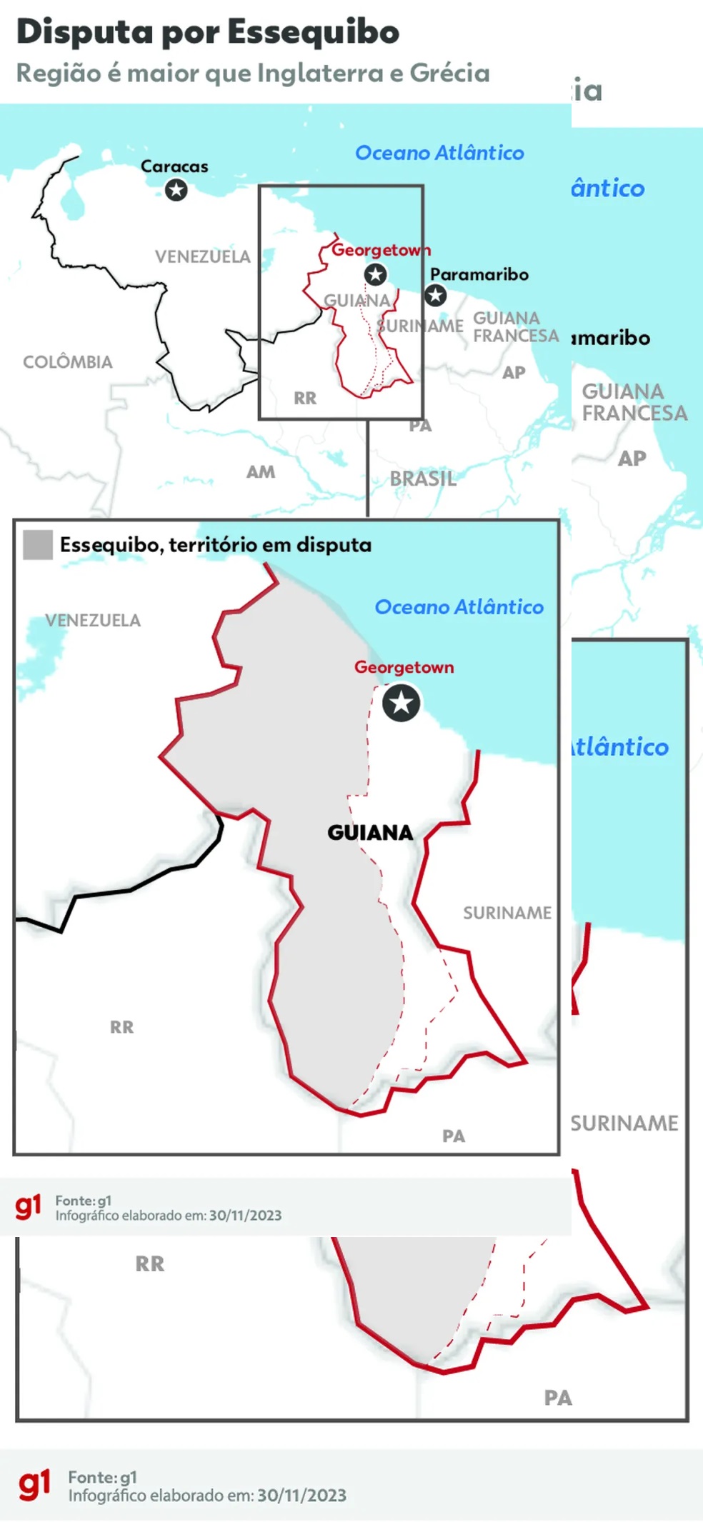 Mapa mostra a Guiana e a região de Essequibo — Foto: Vitoria Coelho/g1