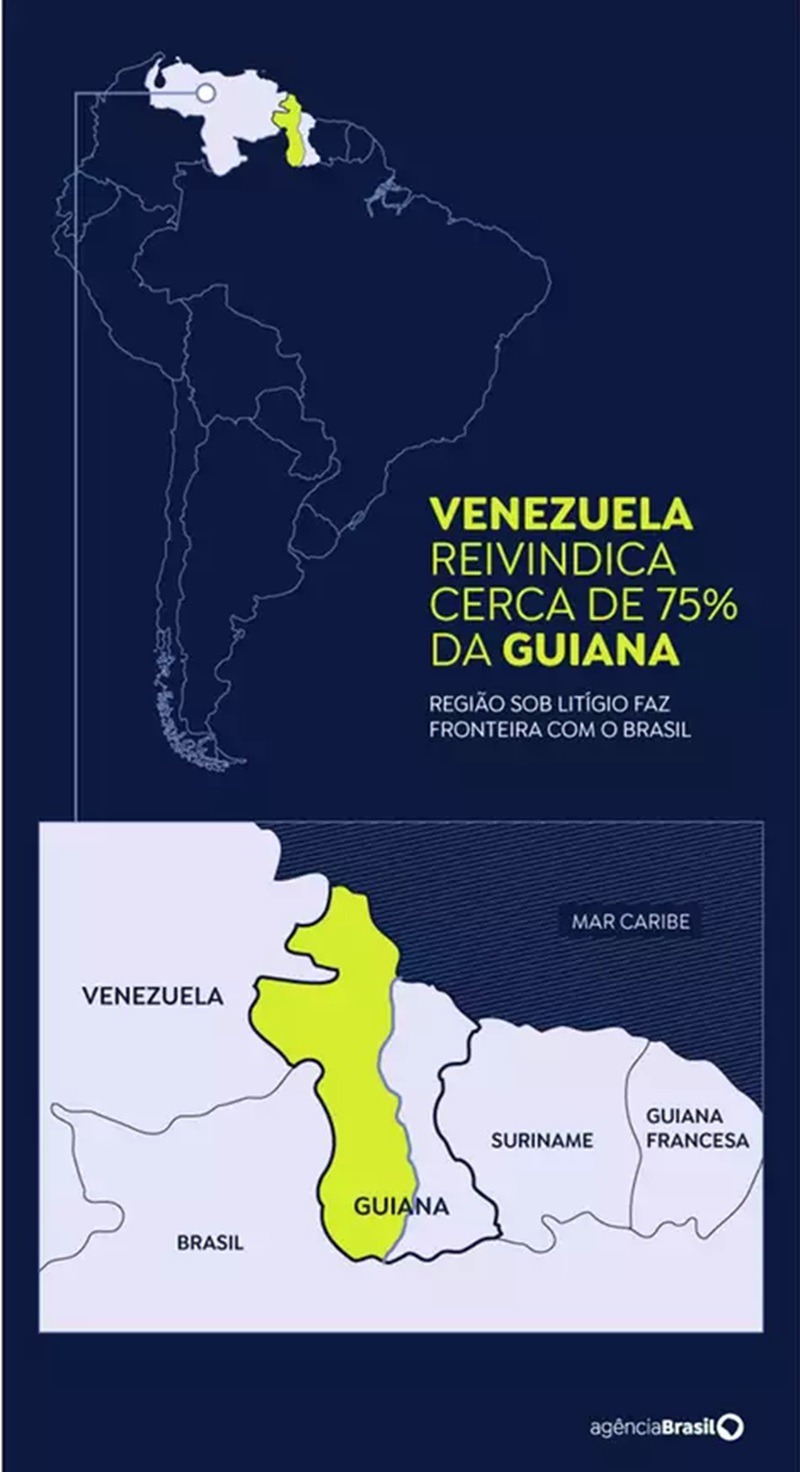 Em amarelo, o território em disputa (Infografia / Agência Brasil)