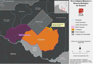 Mapa da Rebio Guaporé e áreas próximas, com a TI Massaco sobreposta e também destacada | Fonte: Instituto Socioambiental