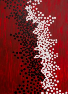 Entre os trabalhos expostos está o do artista indígena brasileiro Aislan Pankararu. Aislan Pankararu / Encounter of white clay with genipapo (2023)