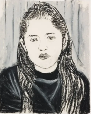 O retrato de uma menina feito com as cinzas foi a obra da artista Maria Berrio.  O retrato de uma menina feito com carvão da Amazônia Maria Berrio / Untitled (2023)