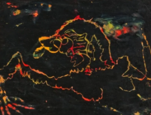 ‘Sonhando conosco, sementes brotando’ foi o trabalho bem colorido e feito com cinzas de Gokula Stoffel.  A arte feita com cinzas da Amazônia retrata o sonho do que as pessoas querem ver brotar Gokula Stoffel / Dreaming of us seeds sprouting (2023)