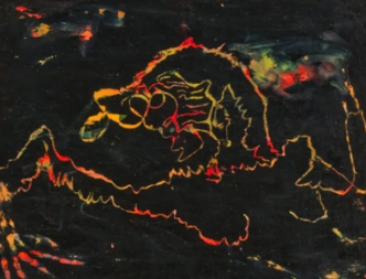 ‘Sonhando conosco, sementes brotando’ foi o trabalho bem colorido e feito com cinzas de Gokula Stoffel.  A arte feita com cinzas da Amazônia retrata o sonho do que as pessoas querem ver brotar Gokula Stoffel / Dreaming of us seeds sprouting (2023)