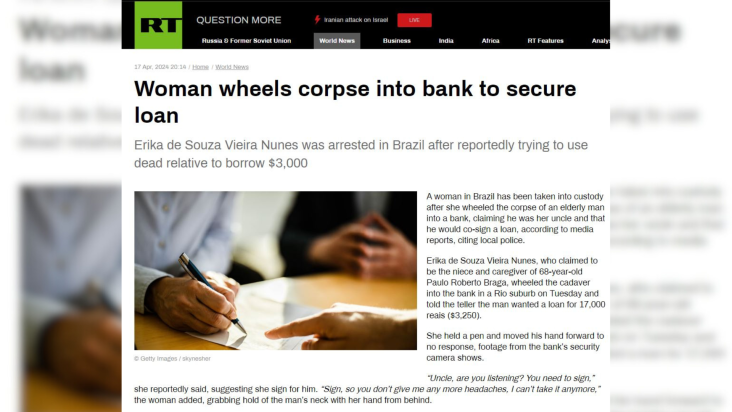 RT, da Rússia, repercute caso de mulher que levou morto a banco no Rio de Janeiro  Crédito: Reprodução/RT