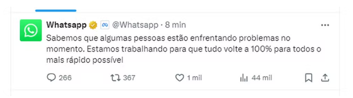 WhatsApp e Instagram apresentam instabilidade nesta quarta-feira (03) — Foto: Reprodução/Twitter
