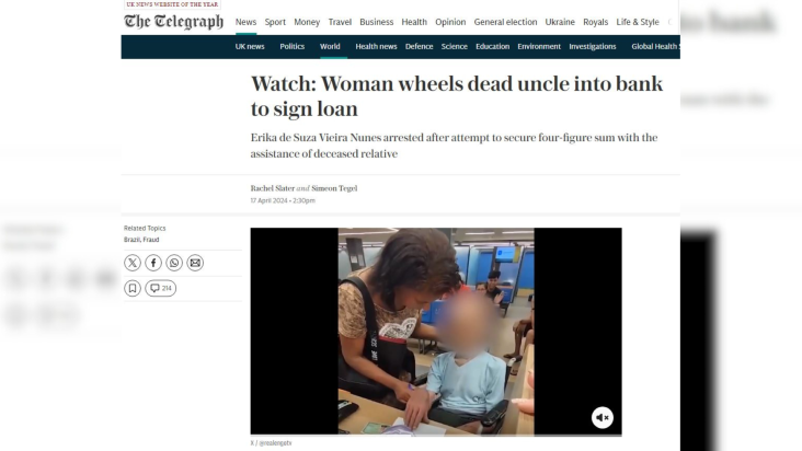 The Telegraph repercute caso de mulher que levou morto a banco no Rio de Janeiro  Crédito: Reprodução/The Telegraph