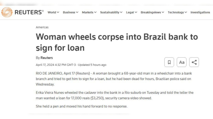 Reuters repercute caso de mulher que levou morto a banco no Rio de Janeiro  Crédito: Reprodução/Reuters