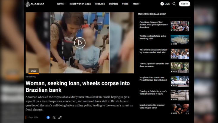 Al Jazeera repercute caso de mulher que levou morto a banco no Rio de Janeiro  Crédito: Reprodução/Al Jazeera