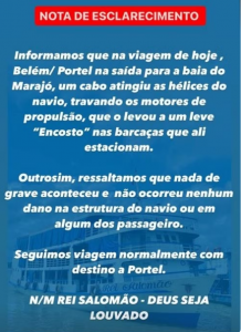 Nota divulgada pela empresa proprietária do navio Rei Salomão — Foto: Reprodução/Redes Sociais