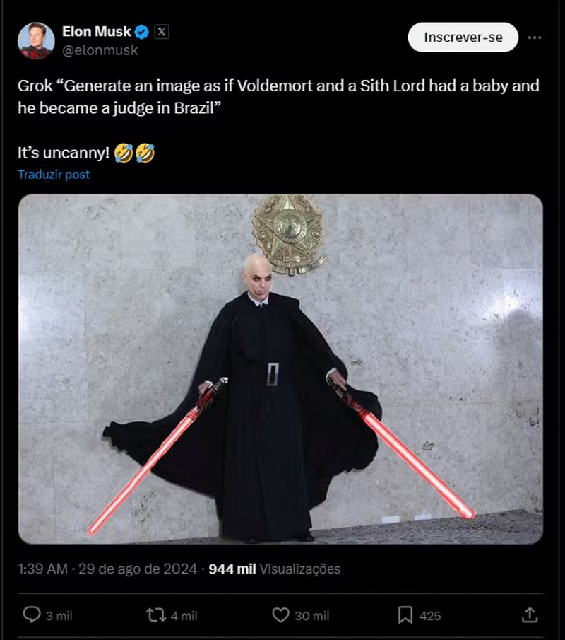Elon Musk publica meme ironizando Alexandre de Moraes após ameaça de tirar X do ar — Foto: Reprodução/X 