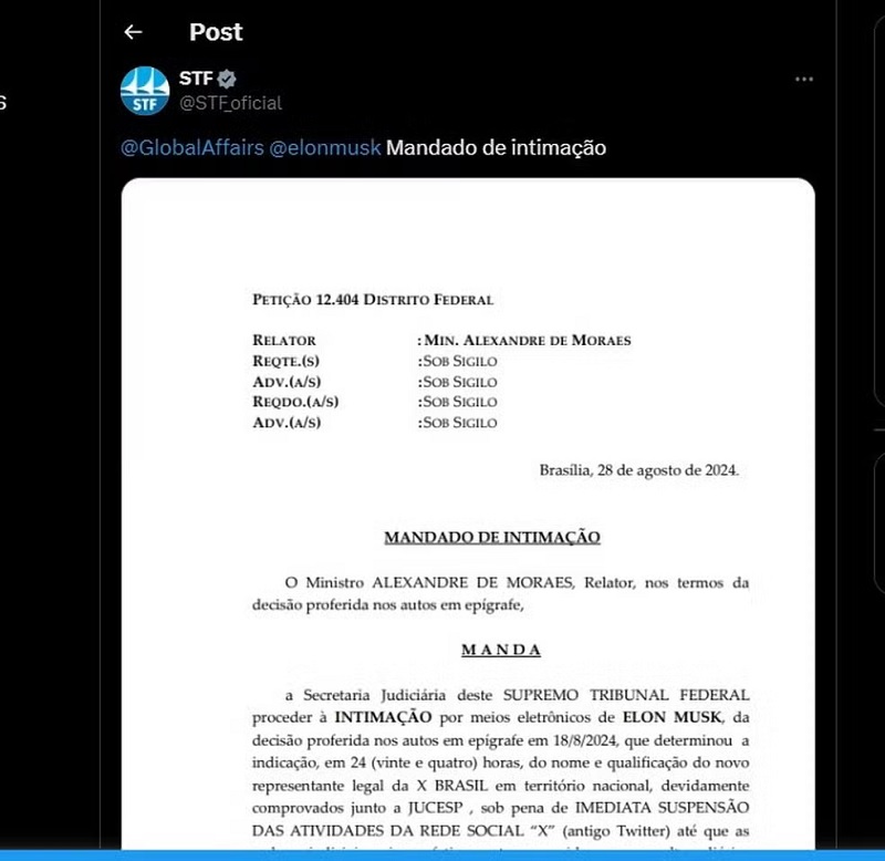 Supremo Tribunal Federal marcou o perfil de Elon Musk na intimação publicada na rede social X — Foto: Divulgação 