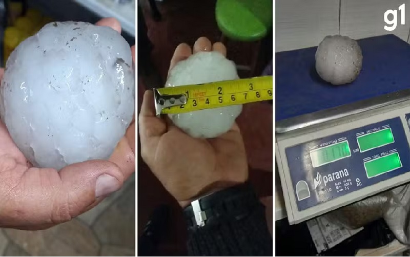 Morador registra pedra de granizo de 7 cm e 170 gramas — Foto: Eduardo Teles/Arquivo Pessoal