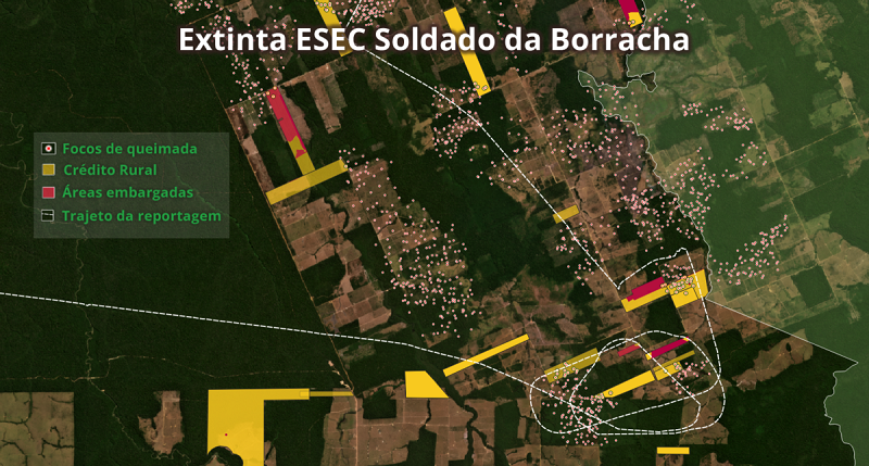 Região que chegou a ser destinada para unidade de conservação, entre Porto Velho e Cujubim, em Rondônia, concentra fazendas embargadas com crédito rural ativo. Fonte: CAR/Ibama/BC/Inpe. Análise e visualização: InfoAmazonia.
