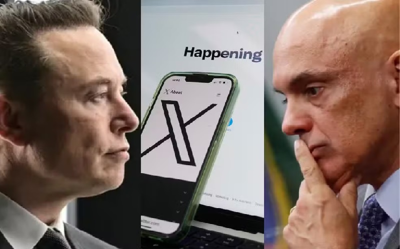 Plataforma X do bilionário Elon Musk (à esquerda) continua suspensa por determinação do ministro do STF Alexandre de Moraes (à direita) — Foto: Reuters, AP Photo Rick/Rycroft, Reuters