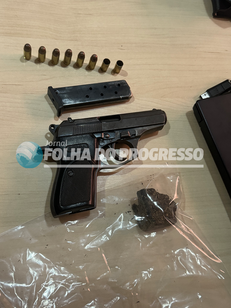 Uma pistola marca Bersa, numeração 184758, calibre 380, aproximadamente 30 gramas de foram apreendidas- (foto:Jornal Folha do Progresso)
