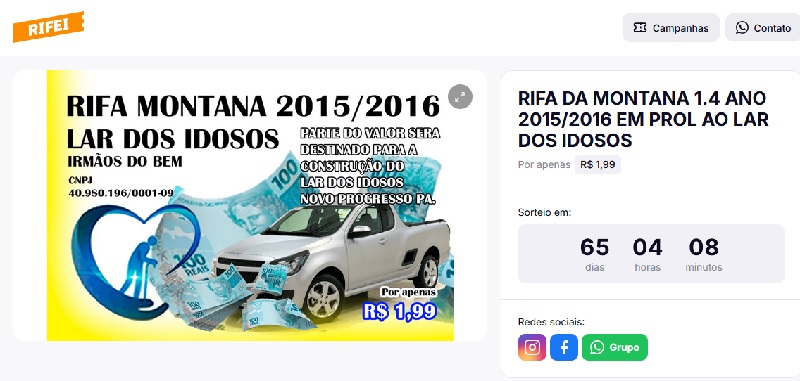 Publicidade da rifa nas redes sociais