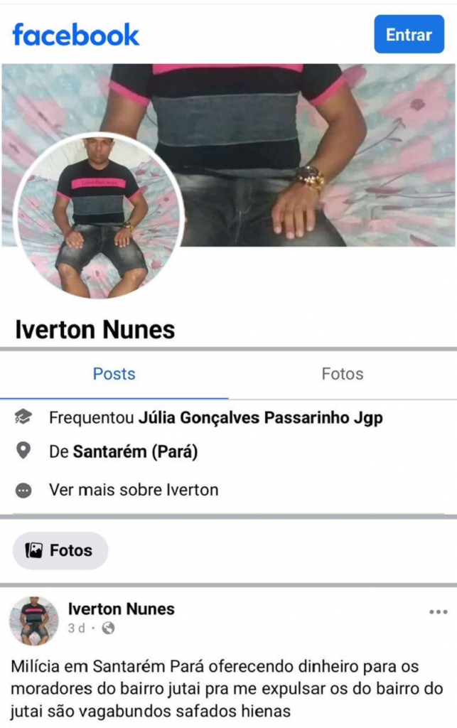 Perfil do acusado no Facebook antes de ser deletado por ordem judicial. Foto: Facebook